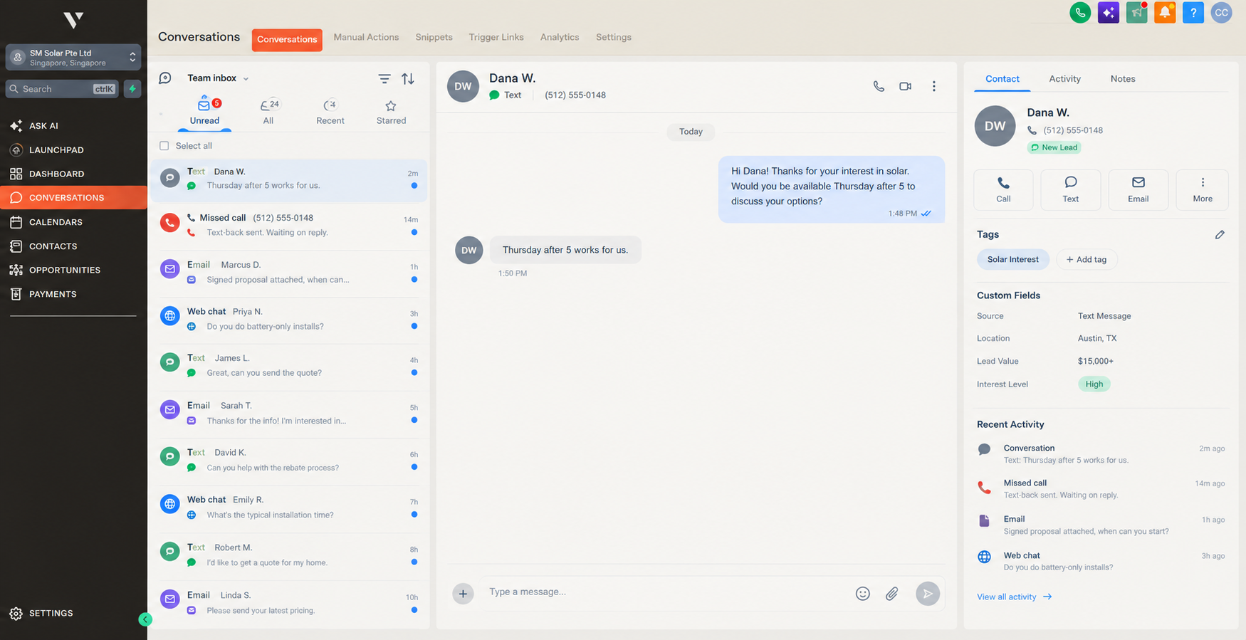 One inbox holding calls, texts, emails and web chat from every lead